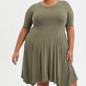 Torrid cupro olive handkerchief skater mini dress.